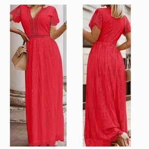 Pretty Garden Women's V Neck Short Sleeve Floral Lace Maxi Dress